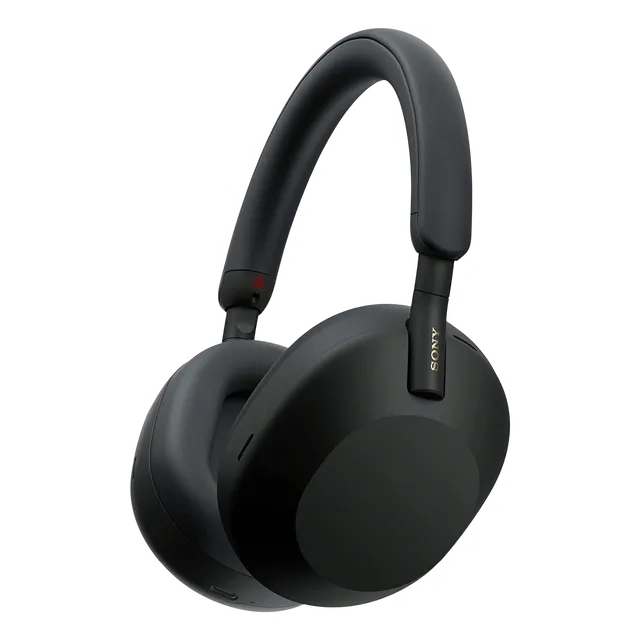 "Alt text: A pair of sleek black Sony headphones with cushioned ear cups and an adjustable headband, resting on a white surface with a soft background blur."
