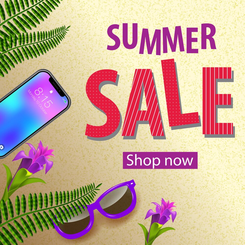 Alt text: Illustration of vibrant banners showcasing exclusive deals and discounts during the Amazon and Flipkart Summer Sale event, with excited shoppers browsing through a variety of products under the warm glow of the sun.
