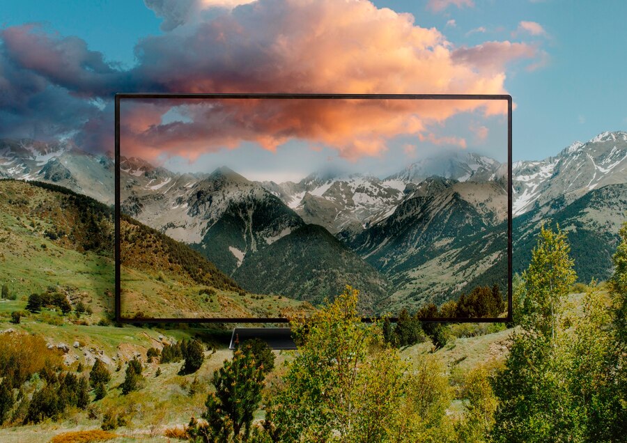A sleek Samsung QLED TV mounted on a wall, displaying vibrant colors and crisp images.