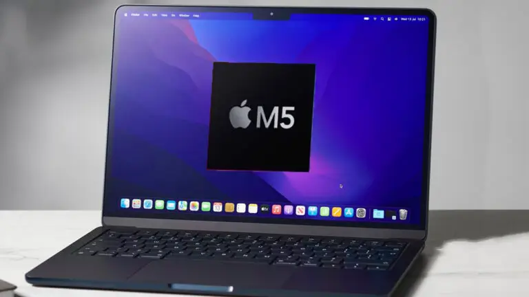 Image of a 2025 Apple MacBook 5. The sleek laptop features a minimalist aluminum design, a large edge-to-edge display, and a thin profile. The keyboard is backlit, and the trackpad is spacious. The Apple logo is prominently displayed on the lid.